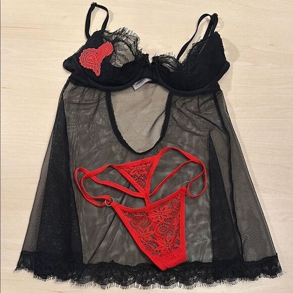 Victoria's Secret Other - Victoria’s Secret•Black Sheer Chemise•34C•Red Lace Thong•small | 1607